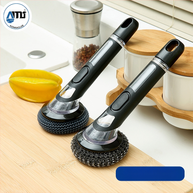 Четка за тенджери с дълга дръжка, пълна с течност, за дезинфекция и почистване на кухненски печки, четка за тенджери и съдове, четка от стоманена вълна, четка за тигани с незалепващо покритие