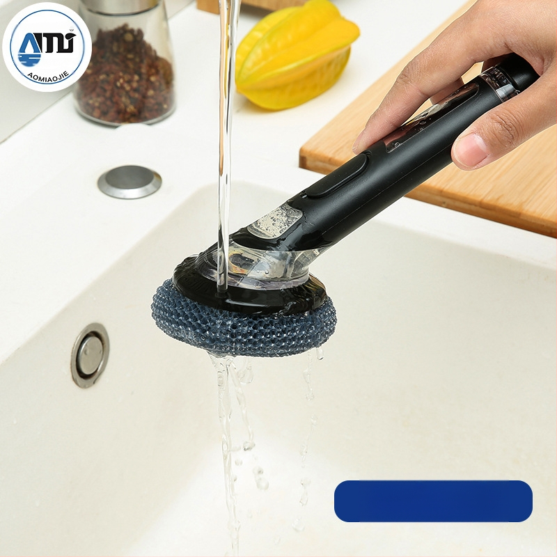 Четка за тенджери с дълга дръжка, пълна с течност, за дезинфекция и почистване на кухненски печки, четка за тенджери и съдове, четка от стоманена вълна, четка за тигани с незалепващо покритие