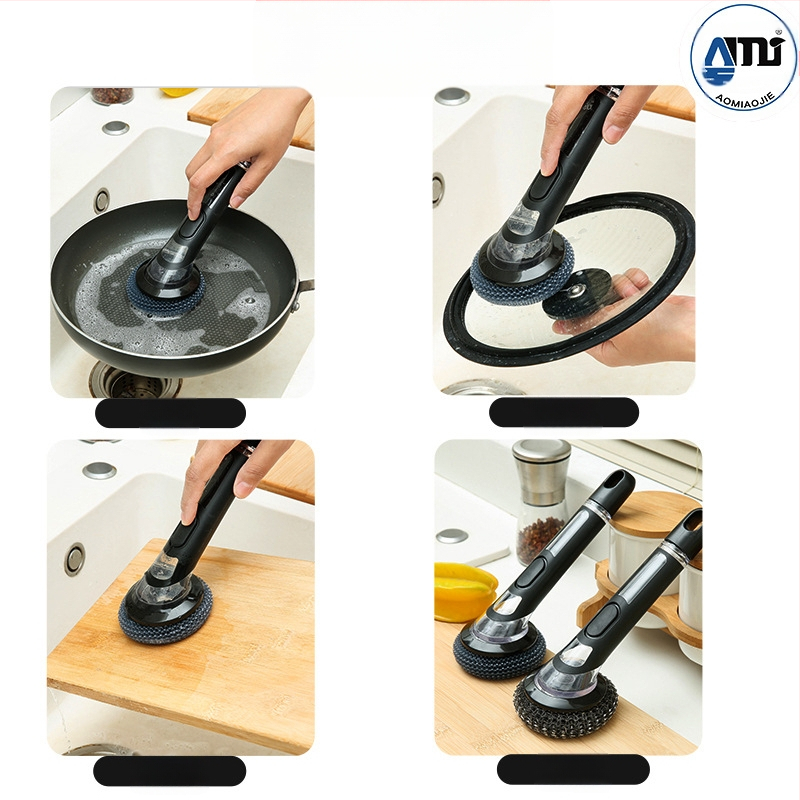 Четка за тенджери с дълга дръжка, пълна с течност, за дезинфекция и почистване на кухненски печки, четка за тенджери и съдове, четка от стоманена вълна, четка за тигани с незалепващо покритие