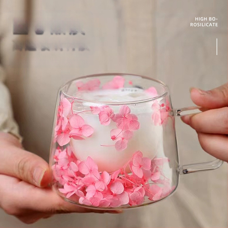 Tikrų gėlių dvisluoksnis stiklas su rankena Kavos puodelis Borosilikatinis stiklas Paprastas puodelis Įmontuotas džiovintų gėlių stiklas