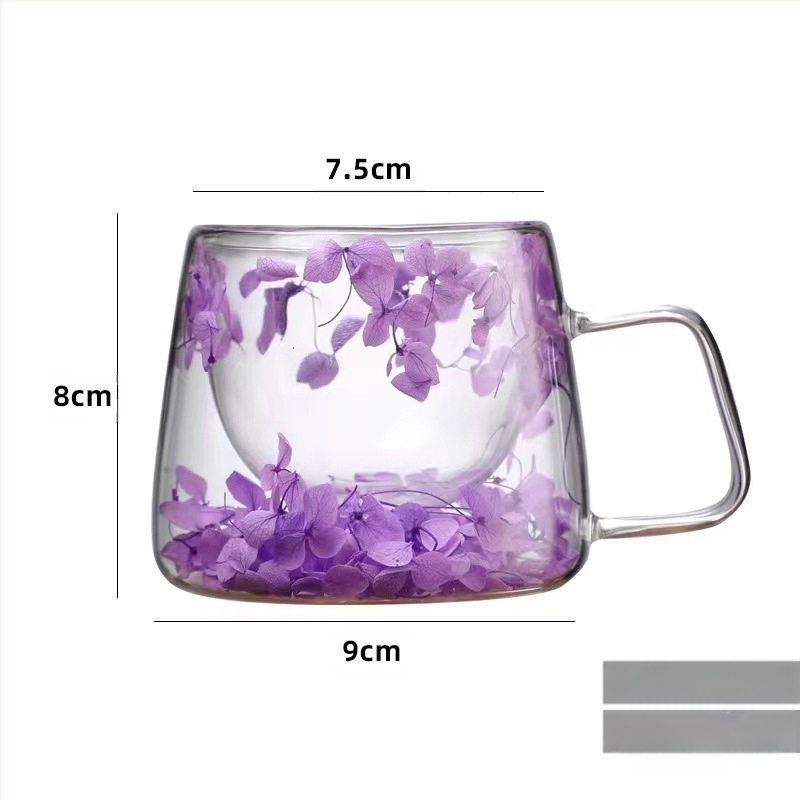 Tikrų gėlių dvisluoksnis stiklas su rankena Kavos puodelis Borosilikatinis stiklas Paprastas puodelis Įmontuotas džiovintų gėlių stiklas