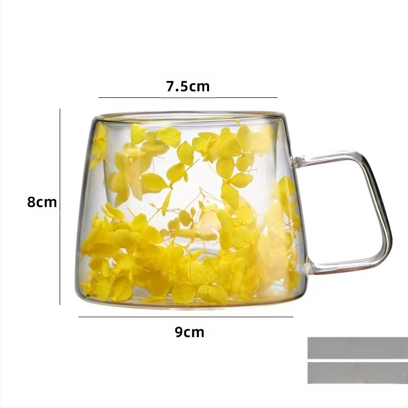Tikrų gėlių dvisluoksnis stiklas su rankena Kavos puodelis Borosilikatinis stiklas Paprastas puodelis Įmontuotas džiovintų gėlių stiklas