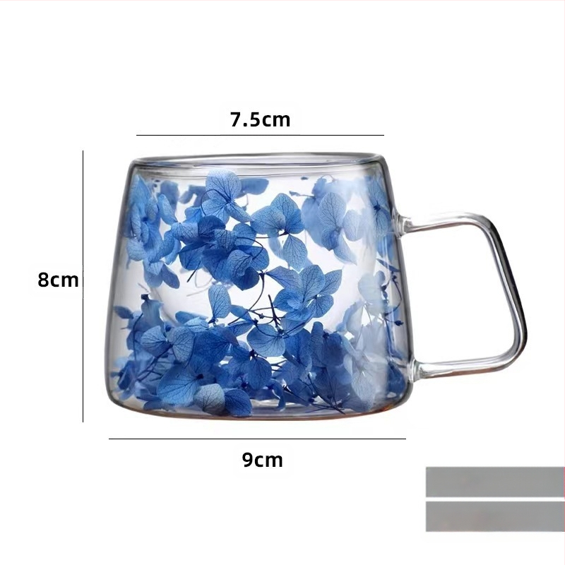 Tikrų gėlių dvisluoksnis stiklas su rankena Kavos puodelis Borosilikatinis stiklas Paprastas puodelis Įmontuotas džiovintų gėlių stiklas