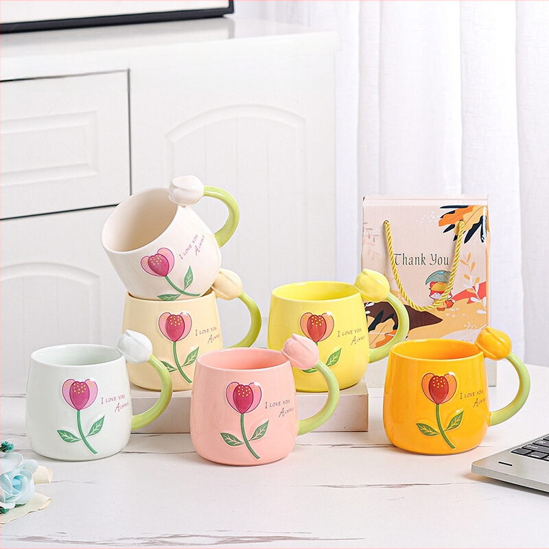 Friss tulipános vizespohár, személyre szabott kerámia bögre, sztereó virágos vizespohár, ajándék otthoni tejespohár