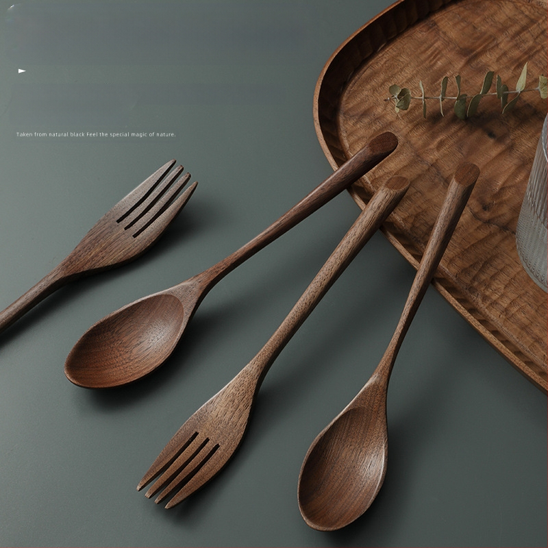 Лъжица за хранене от черен орех, лъжица за супа рамен с дълга дръжка, лъжица за охлюви, лъжица за кафе, комплект дървени лъжици от масивно дърво за домакинство