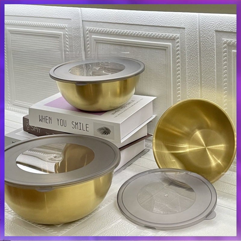 ⇘ 304 nerūdijančio plieno daugiafunkcis virimo ir tešlos maišymo dubuo, buitinis korėjietiško stiliaus auksinis salotų dubuo su skale kiaušiniams plakti