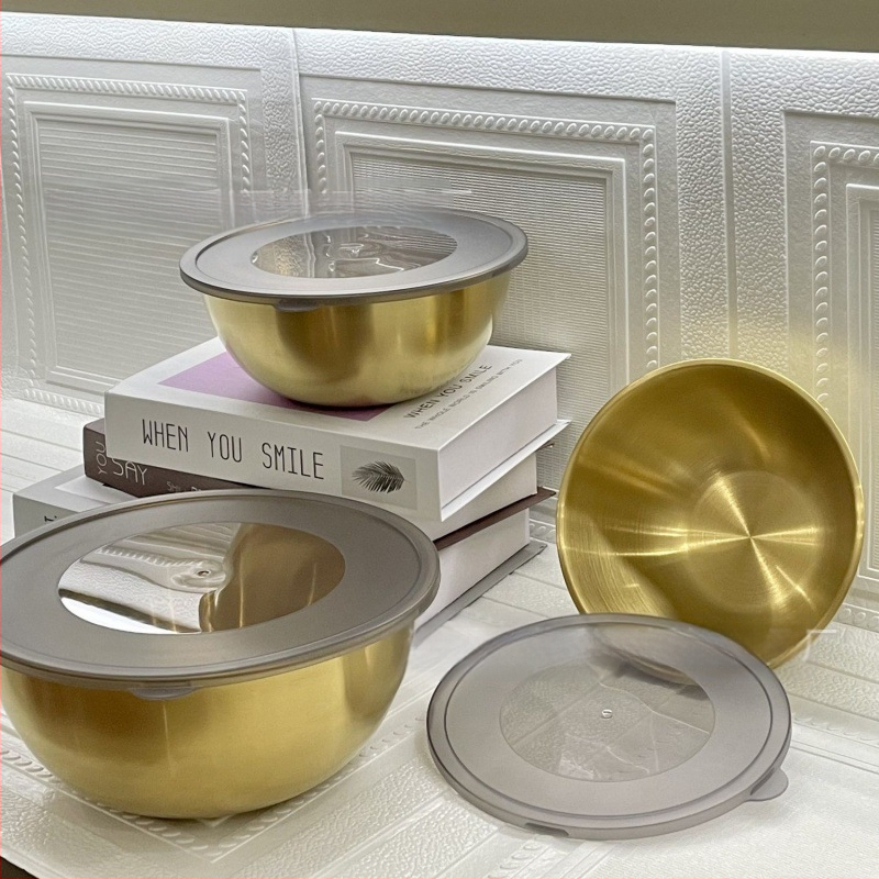 ⇘ 304 nerūdijančio plieno daugiafunkcis virimo ir tešlos maišymo dubuo, buitinis korėjietiško stiliaus auksinis salotų dubuo su skale kiaušiniams plakti