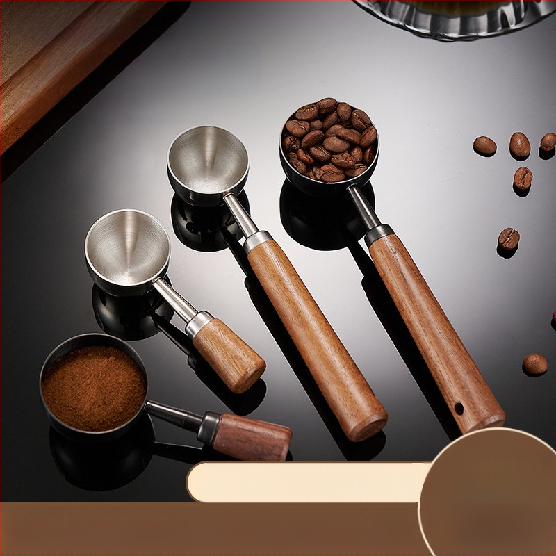 Pähklipuust käepidemega kohvilusikas, pika käepidemega, lühikese käepidemega kohvi mõõtelusikas, 304 roostevabast terasest kohviubade erimõõtelusikas, 1530 ml