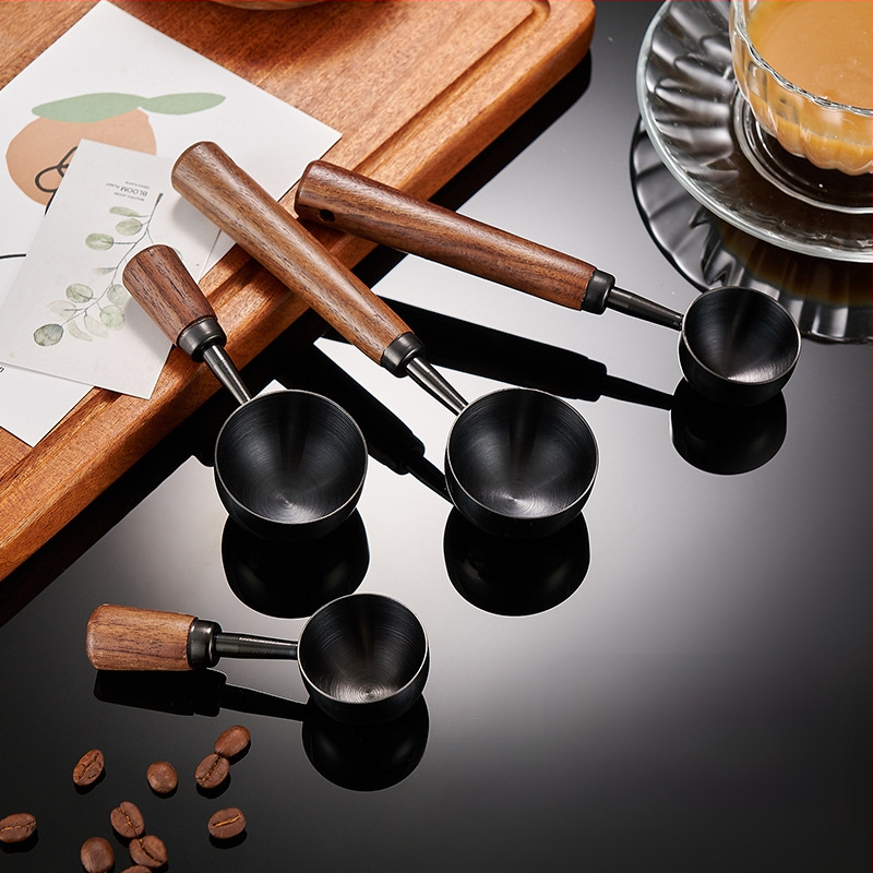 Pähklipuust käepidemega kohvilusikas, pika käepidemega, lühikese käepidemega kohvi mõõtelusikas, 304 roostevabast terasest kohviubade erimõõtelusikas, 1530 ml