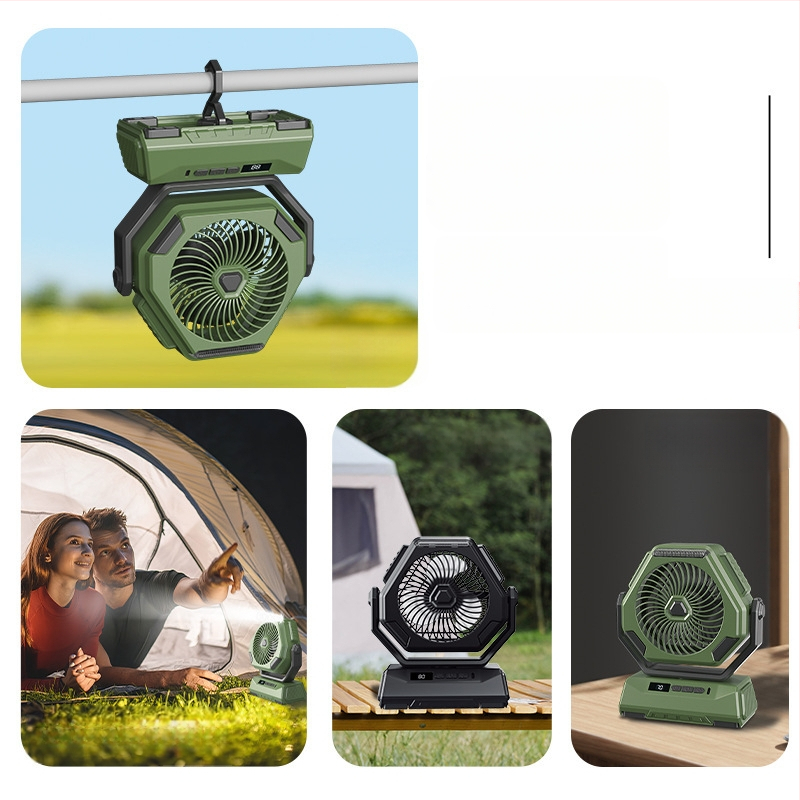 Naujas lauko ventiliatorius, 100 pavarų didelės spartos purtymo galvutės lauko ventiliatorius, 6 colių apšvietimas, skaitmeninis ekranas, didelės talpos kempingo ventiliatorius
