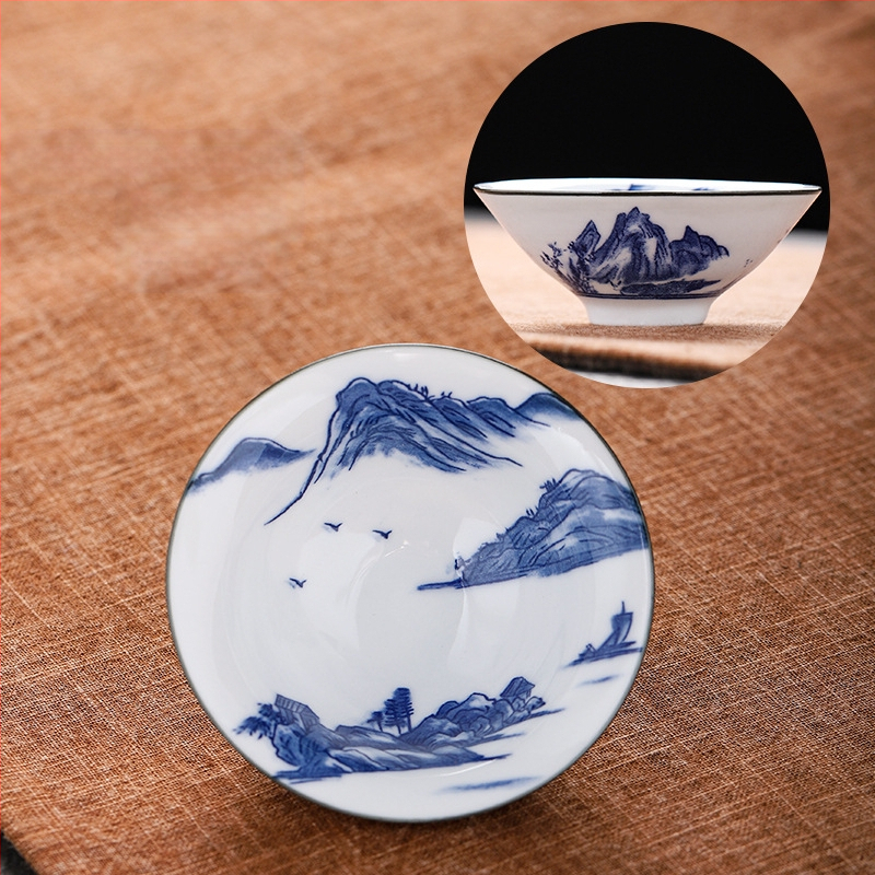 Mėlynai baltas porceliano arbatos puodelis, keraminis kung fu mažas arbatos puodelis, vieno puodelio arbatos rinkinys, arbatos puodelio kostiumas, arbatos dubuo, arbatos puodelis