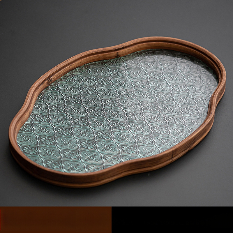 Ιαπωνικός δίσκος τσαγιού από γυαλί με λουλούδια Begonia, ρετρό δίσκος τσαγιού από μπαμπού, απλός δίσκος σνακ φρούτων για το σπίτι, δίσκος αποθήκευσης