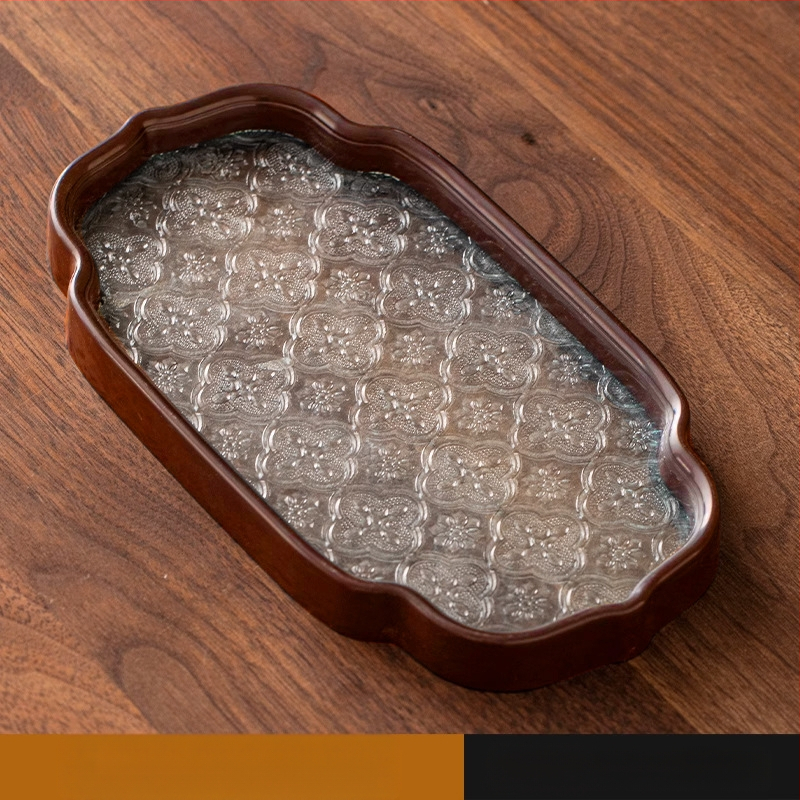 Ιαπωνικός δίσκος τσαγιού από γυαλί με λουλούδια Begonia, ρετρό δίσκος τσαγιού από μπαμπού, απλός δίσκος σνακ φρούτων για το σπίτι, δίσκος αποθήκευσης