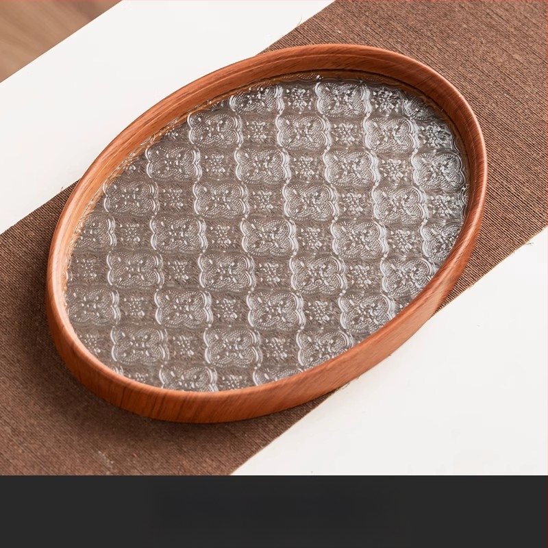 Ιαπωνικός δίσκος τσαγιού από γυαλί με λουλούδια Begonia, ρετρό δίσκος τσαγιού από μπαμπού, απλός δίσκος σνακ φρούτων για το σπίτι, δίσκος αποθήκευσης