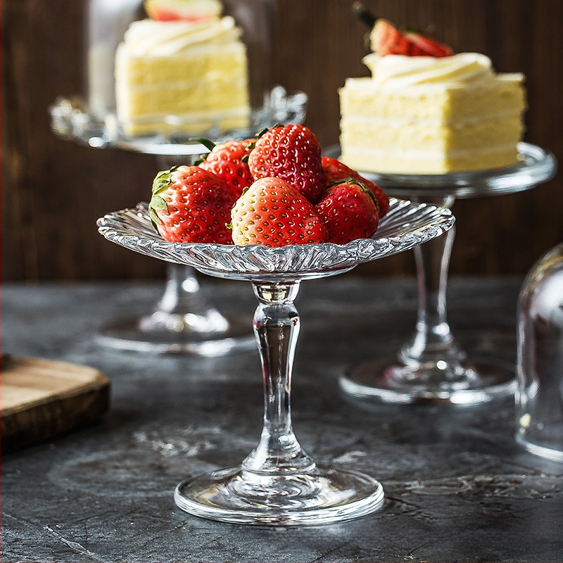 Importált Pasha európai stílusú átlátszó üveg Dim Sum tányér süteménytányér otthoni kreatív magas desszert torta borító kis méret