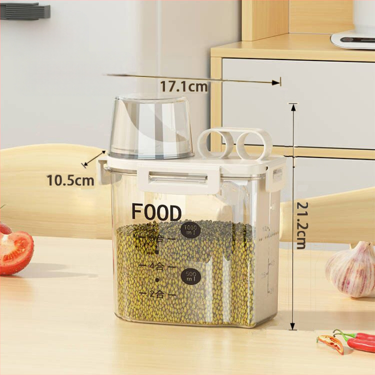 Japoniško stiliaus kūrybingas namų grūdų laikymo kibiras Sandėliavimo stiklainis Virtuvės ryžių kibiras su traškesniu padu ir matavimo puodeliu