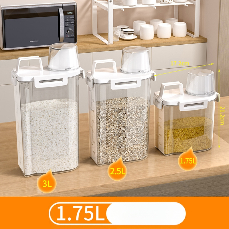 Japoniško stiliaus kūrybingas namų grūdų laikymo kibiras Sandėliavimo stiklainis Virtuvės ryžių kibiras su traškesniu padu ir matavimo puodeliu