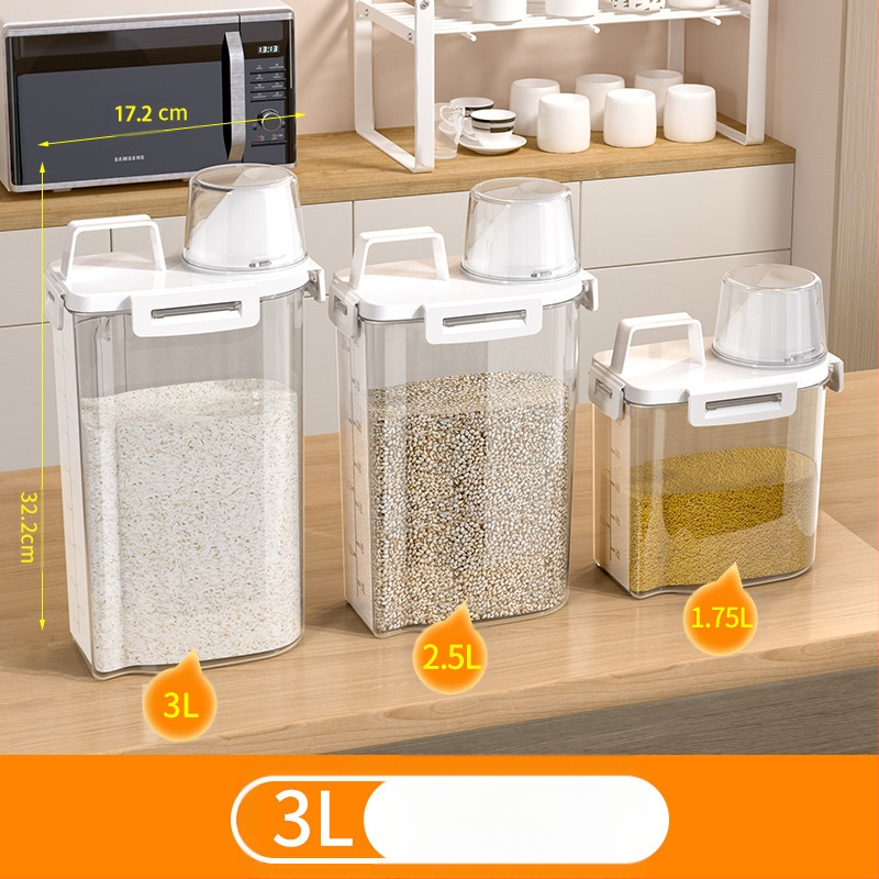 Japoniško stiliaus kūrybingas namų grūdų laikymo kibiras Sandėliavimo stiklainis Virtuvės ryžių kibiras su traškesniu padu ir matavimo puodeliu