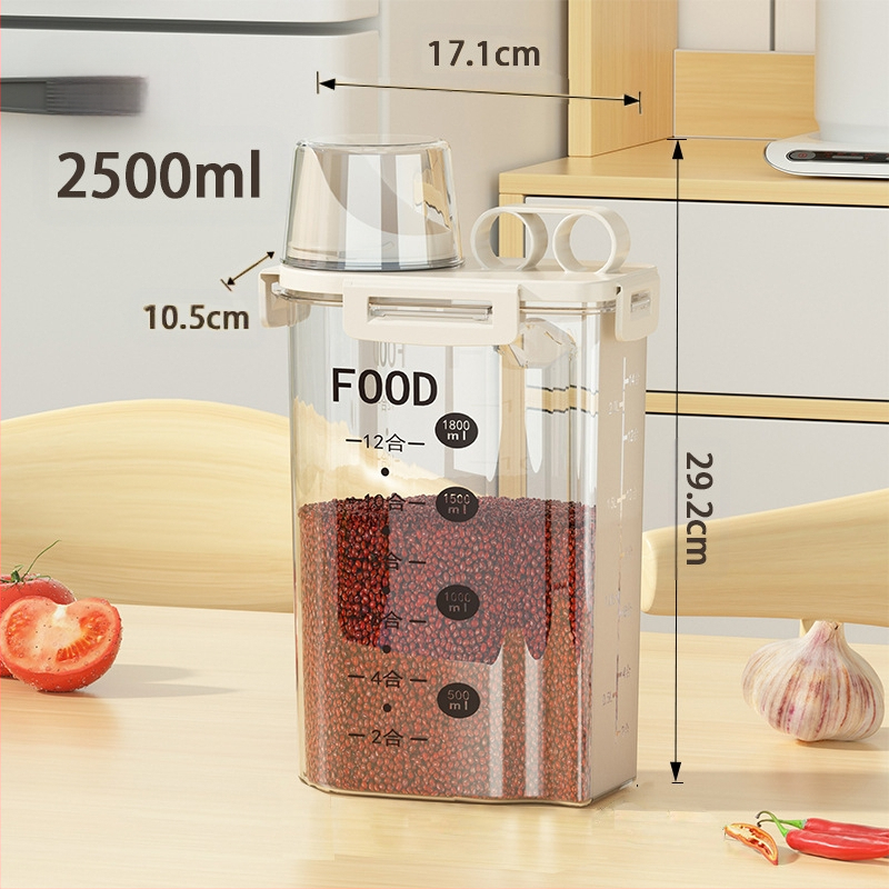 Japoniško stiliaus kūrybingas namų grūdų laikymo kibiras Sandėliavimo stiklainis Virtuvės ryžių kibiras su traškesniu padu ir matavimo puodeliu