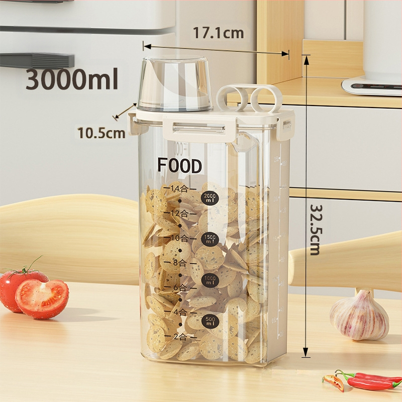 Japoniško stiliaus kūrybingas namų grūdų laikymo kibiras Sandėliavimo stiklainis Virtuvės ryžių kibiras su traškesniu padu ir matavimo puodeliu