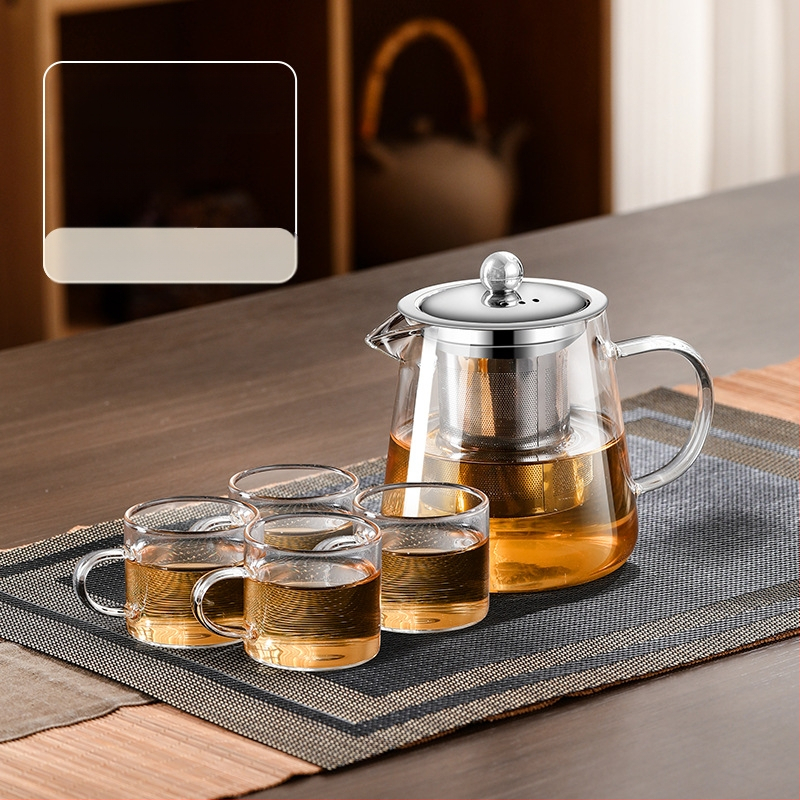 Aukštai temperatūrai atsparus stiklinis arbatinukas su filtru arbatinuku arbatos ir vandens atskyrimo puodeliu arbatos rinkiniu, tinkančiu orkaitei verdančiu arbatinuku su elektrine keramikos virykle