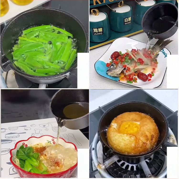 Internetikuulsuste kuum õli väike pann puidust käepidemega õli pritsimise artefakt malmist mini väike rauast pann majapidamises praemuna pann väike pann kuuma õli jaoks