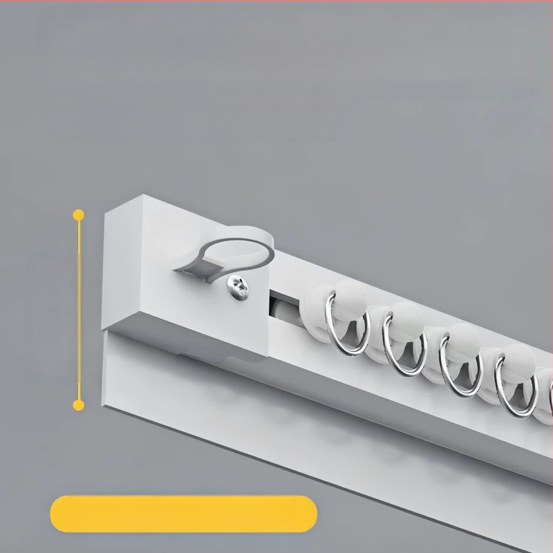 Lipnus perforuotas neperforuotas balkono lango užuolaidų bėgelis, šoninis, viršuje montuojamas, tylus, praplatintas kreipiantysis, kablio tipo priedinis strypas