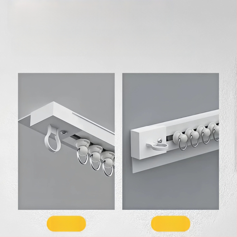 Lipnus perforuotas neperforuotas balkono lango užuolaidų bėgelis, šoninis, viršuje montuojamas, tylus, praplatintas kreipiantysis, kablio tipo priedinis strypas