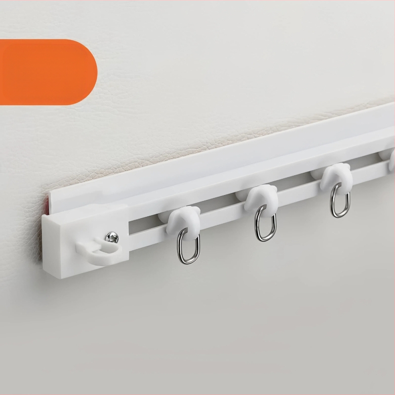 Lipnus perforuotas neperforuotas balkono lango užuolaidų bėgelis, šoninis, viršuje montuojamas, tylus, praplatintas kreipiantysis, kablio tipo priedinis strypas