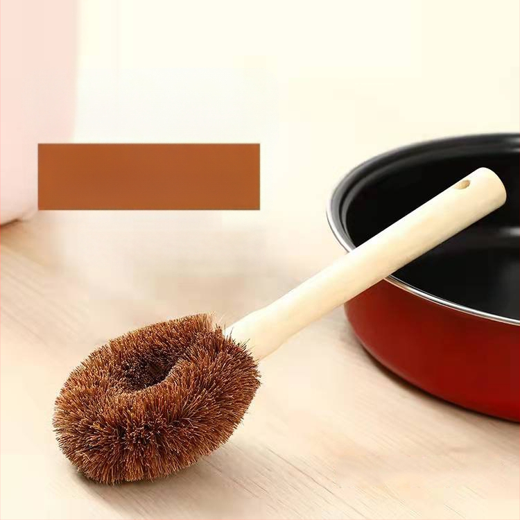 Tiesiogiai tiekiamas natūralus kokosų palmių puodų šepetys su medine rankena, nelimpantis aliejus, medinis virtuvinis puodų šepetys, puodų šepetys, ilga rankena puodų šepetys