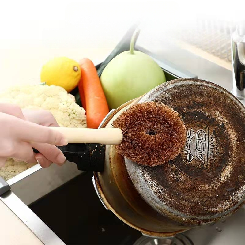 Tiesiogiai tiekiamas natūralus kokosų palmių puodų šepetys su medine rankena, nelimpantis aliejus, medinis virtuvinis puodų šepetys, puodų šepetys, ilga rankena puodų šepetys