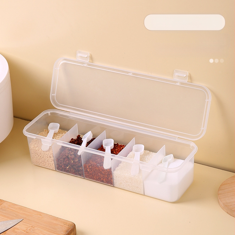 Prieskonių dėžutė Buitinė virtuvė Plastikinis druskos ir mononatrio glutamato indelis su dangteliu Prieskonių indelis su šaukštu Laikymo dėžutė Drėgmei atsparus