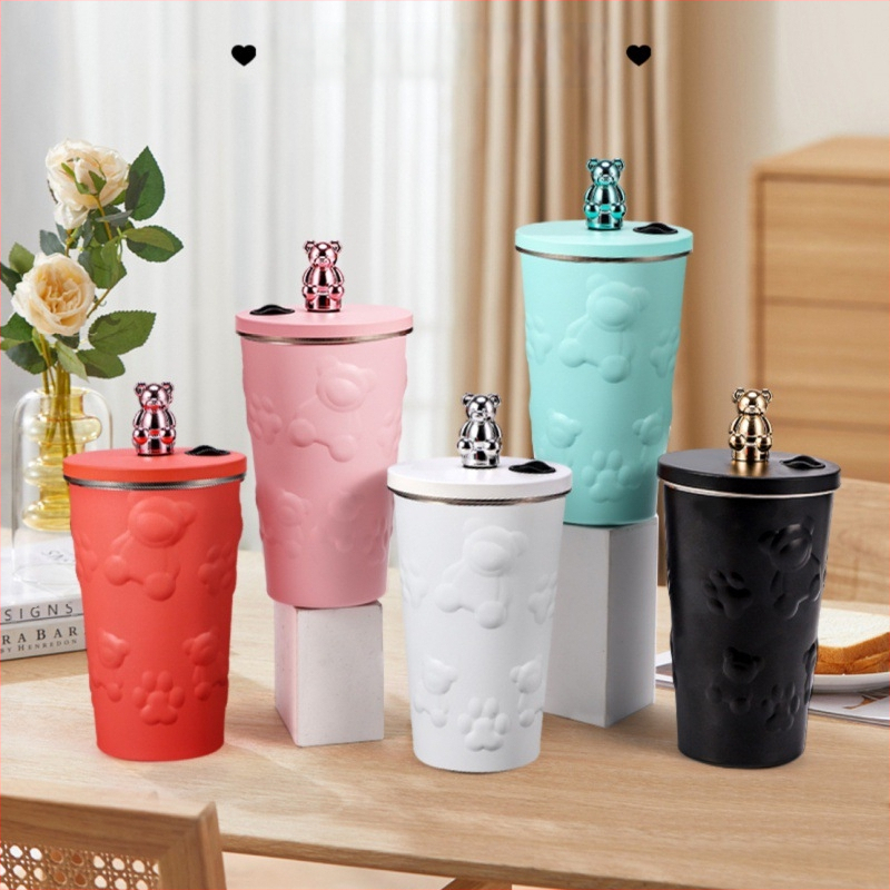 Nový galvanicky pokovovaný medvedí kávový hrnček, zapečatený slamený hrnček z nehrdzavejúcej ocele 304, veľkokapacitný prenosný autohrniec