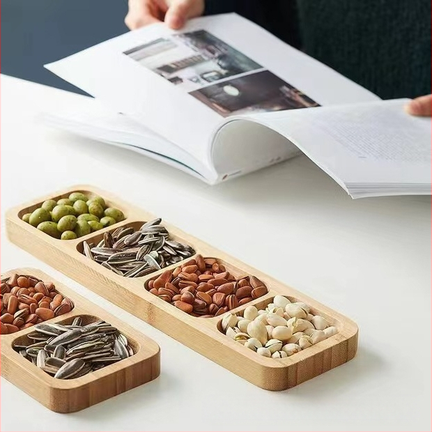 Japoniška medinė džiovintų vaisių lėkštė, užkandžių dėžutė, pagardų padažo indas, bambuko skyreliais užkandžiai, džiovintų vaisių dėžutės papuošalai