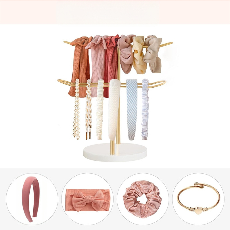 Kahekihiline puidust alusega kuldne juukserõngas, lauapealne juuksekummide hoiuriiul, multifunktsionaalne peakatete vitriin