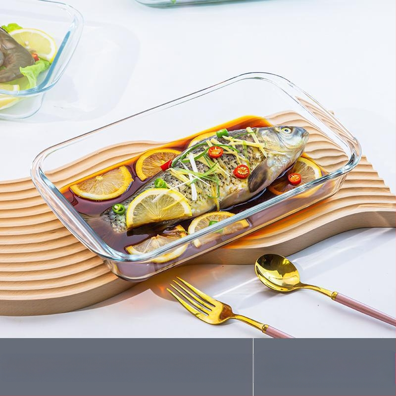 Ristkülikukujuline kõrge boorsilikaadiga klaasist küpsetuspann kalataldrik majapidamisliha aurutatud kaaviar kõrge temperatuurikindel mikrolaineahi spetsiaalne küpsetamine