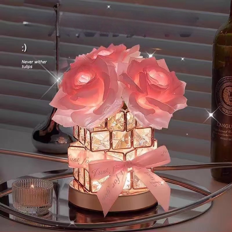 „Rose Cube“ atmosferos stalo lempa, naktinė lemputė mergaitėms, draugėms, gimtadienio Valentino dienos dovana, pažangi dekoracija