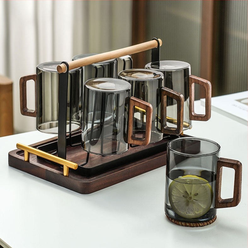 Aukštos kokybės riešutmedžio stiklo vandens puodelių rinkinys, skirtas buitiniam arbatos puodeliui, skirtam žaliosios arbatos gėrimo puodelių arbatos rinkiniui