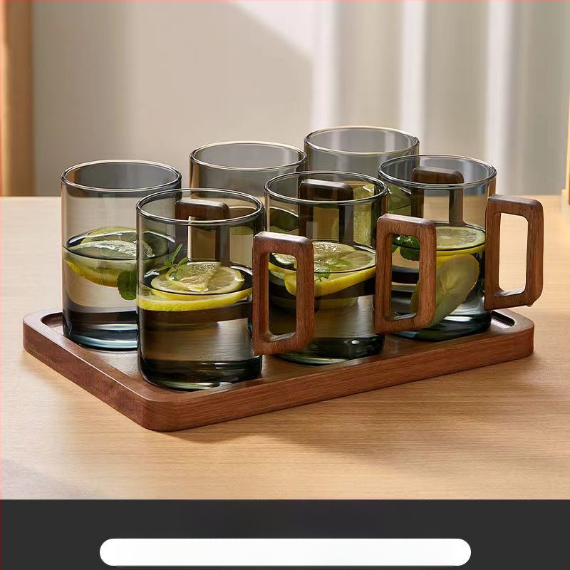 Aukštos kokybės riešutmedžio stiklo vandens puodelių rinkinys, skirtas buitiniam arbatos puodeliui, skirtam žaliosios arbatos gėrimo puodelių arbatos rinkiniui