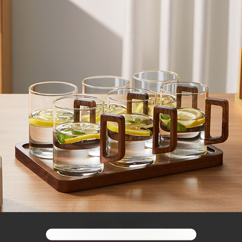 Aukštos kokybės riešutmedžio stiklo vandens puodelių rinkinys, skirtas buitiniam arbatos puodeliui, skirtam žaliosios arbatos gėrimo puodelių arbatos rinkiniui