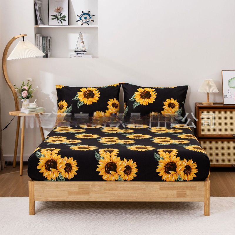 Užsienio prekyba tarpvalstybiniu pavasario ir vasaros pastoracinio stiliaus nauja saulėgrąžų šlifavimo cheminio pluošto paklodė keturių dalių gamyklinis tiesioginis pardavimas