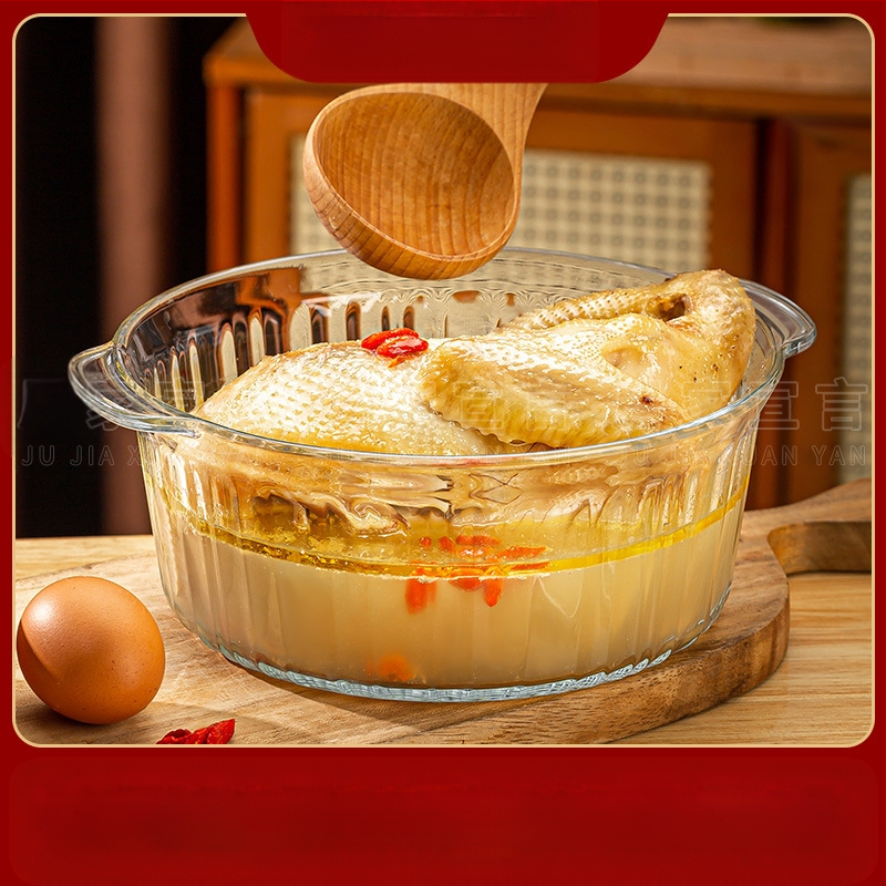 Kõrge borosilikaadist kõrge temperatuurikindel klaasist kauss kaanega, kiirnuudlikauss mikrolaineahjus kasutamiseks, kahe kõrvaga kauss, aurutatud munakauss ümmargune