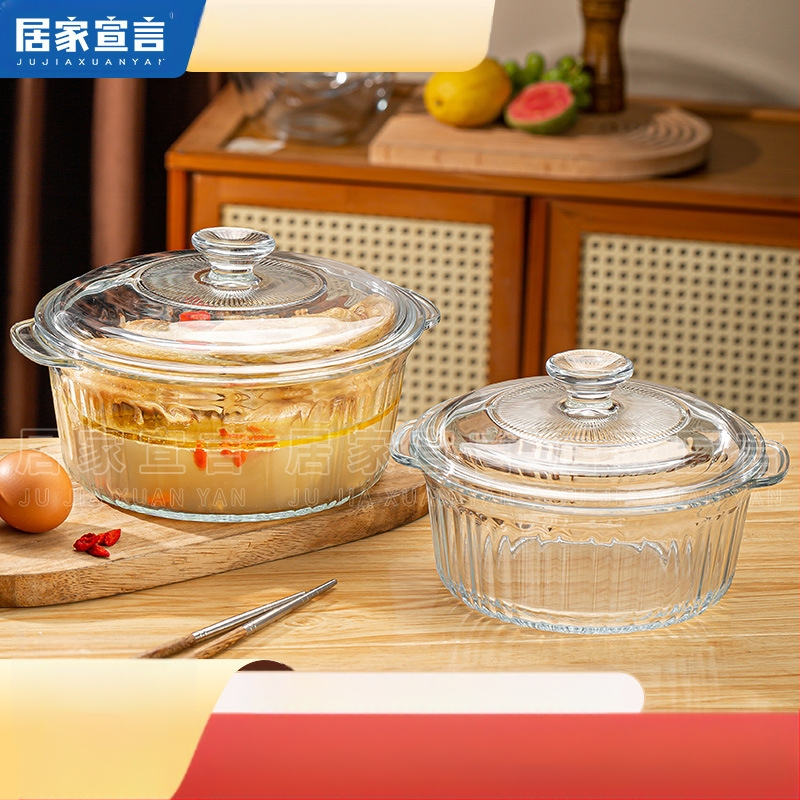 Kõrge borosilikaadist kõrge temperatuurikindel klaasist kauss kaanega, kiirnuudlikauss mikrolaineahjus kasutamiseks, kahe kõrvaga kauss, aurutatud munakauss ümmargune