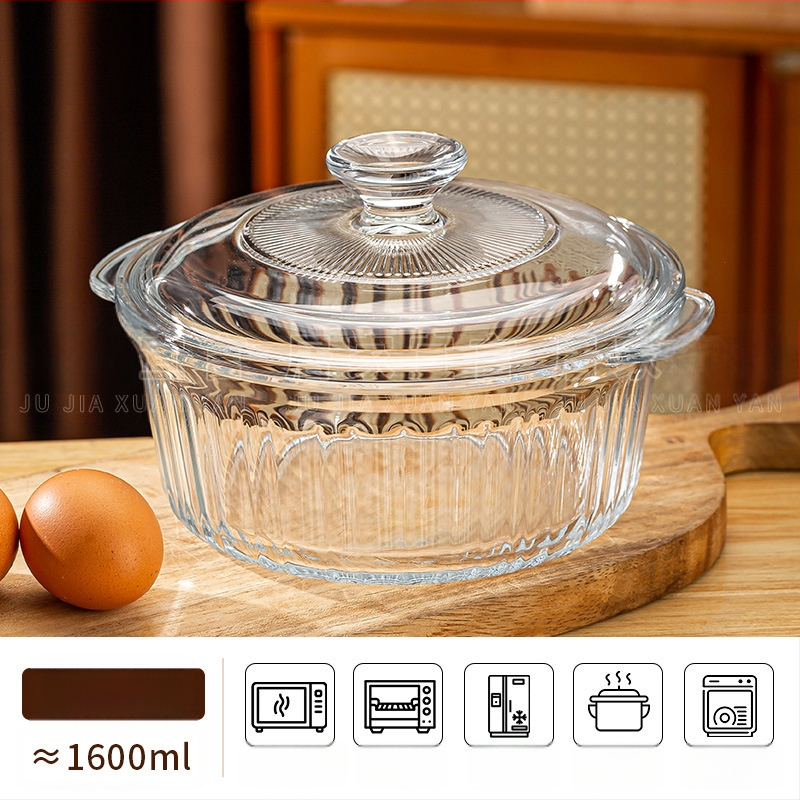 Kõrge borosilikaadist kõrge temperatuurikindel klaasist kauss kaanega, kiirnuudlikauss mikrolaineahjus kasutamiseks, kahe kõrvaga kauss, aurutatud munakauss ümmargune