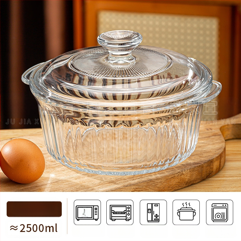 Kõrge borosilikaadist kõrge temperatuurikindel klaasist kauss kaanega, kiirnuudlikauss mikrolaineahjus kasutamiseks, kahe kõrvaga kauss, aurutatud munakauss ümmargune