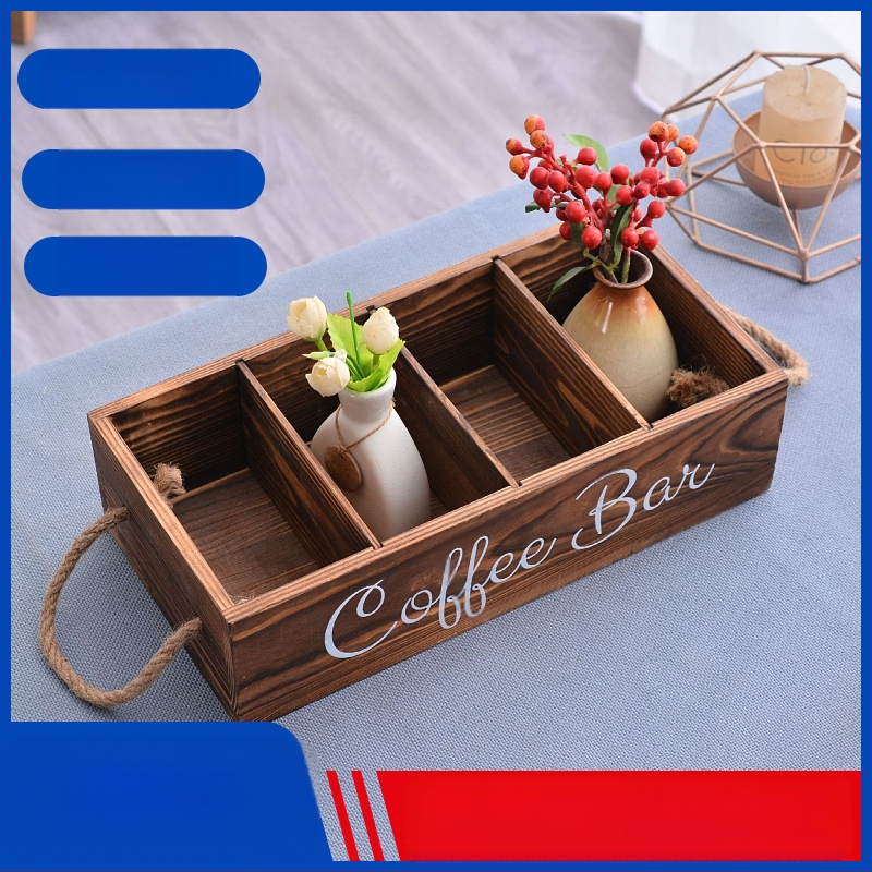 Vintage drevená úložná krabica na čajovú miestnosť, úložná krabica na kávové čajové vrecúška z masívneho dreva, prenosná priehradka na úložný priestor z masívneho dreva