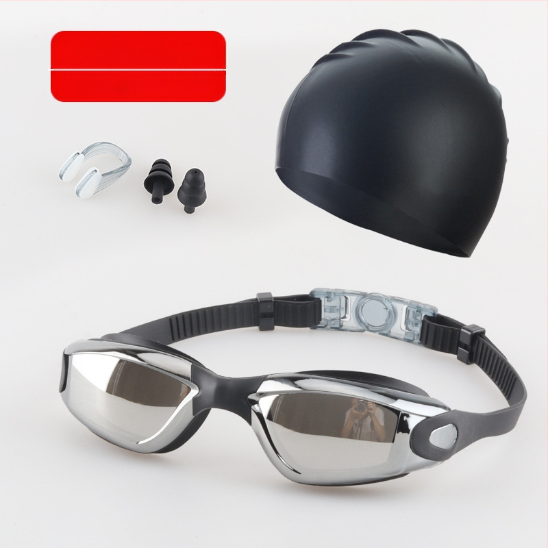 Suaugusiųjų plaukimo akinių komplektas, keturių dalių silikoniniai plaukimo akiniai vyrams ir moterims, profesionali vandeniui atspari plaukimo įranga, apsauganti nuo rasojimo