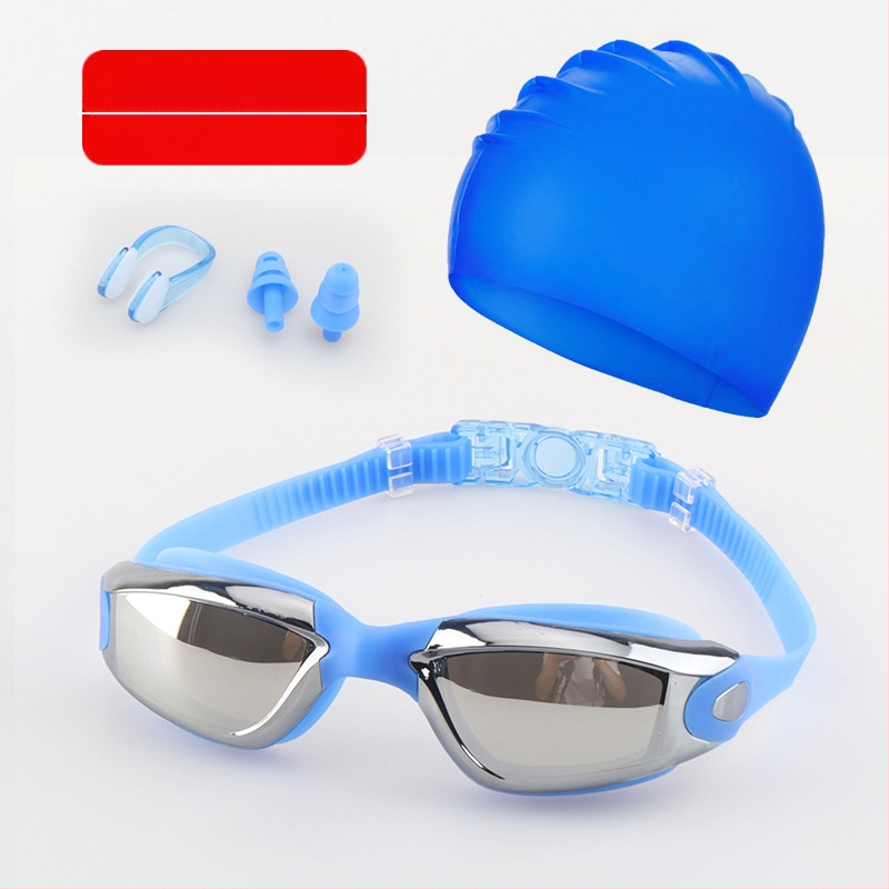 Suaugusiųjų plaukimo akinių komplektas, keturių dalių silikoniniai plaukimo akiniai vyrams ir moterims, profesionali vandeniui atspari plaukimo įranga, apsauganti nuo rasojimo