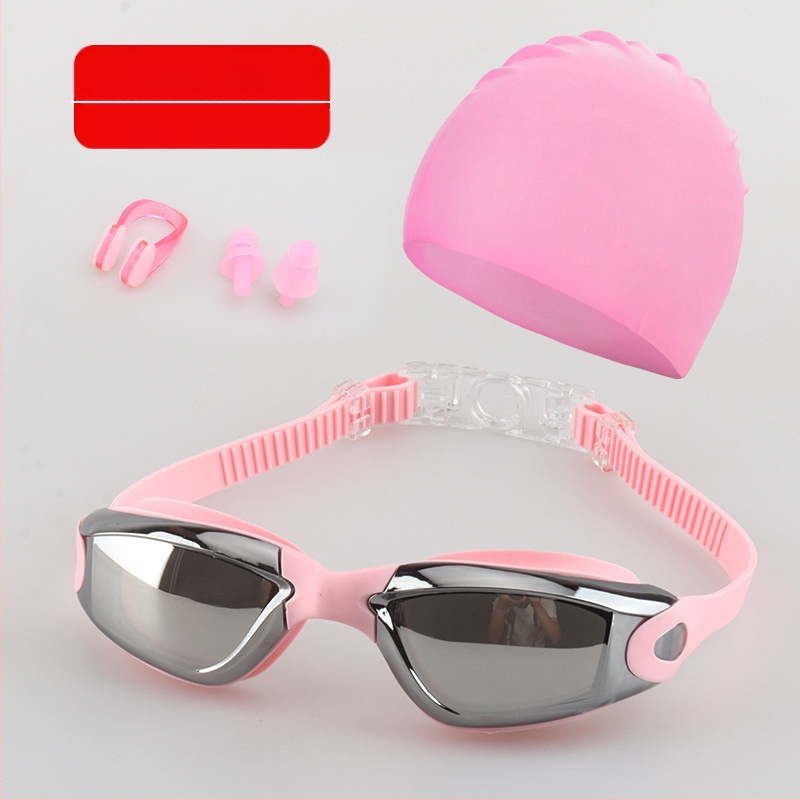 Suaugusiųjų plaukimo akinių komplektas, keturių dalių silikoniniai plaukimo akiniai vyrams ir moterims, profesionali vandeniui atspari plaukimo įranga, apsauganti nuo rasojimo