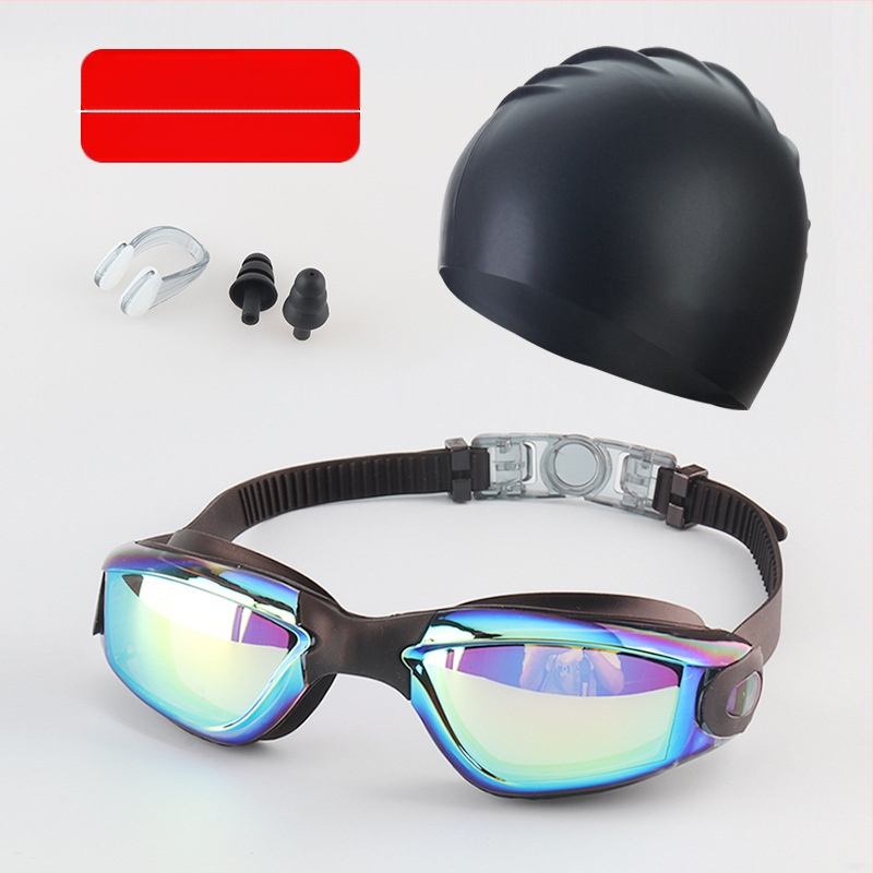Suaugusiųjų plaukimo akinių komplektas, keturių dalių silikoniniai plaukimo akiniai vyrams ir moterims, profesionali vandeniui atspari plaukimo įranga, apsauganti nuo rasojimo